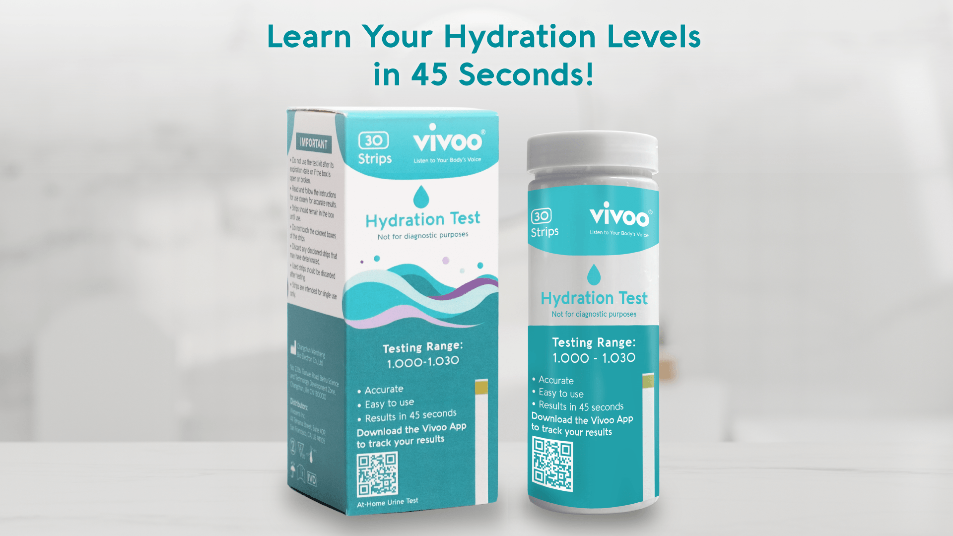 bottle and package of Vivoo hydration test