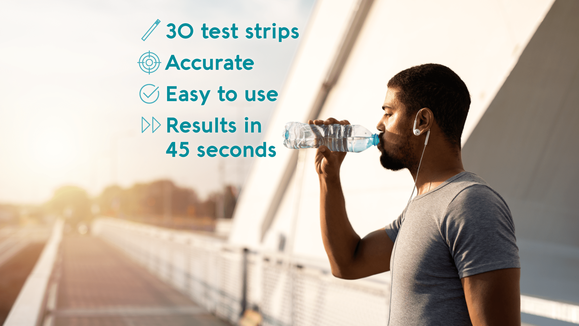 An image of a man drinking water with product information written on it