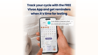 Person holding a smartphone displaying the Vivoo App with text about tracking menstrual cycles.