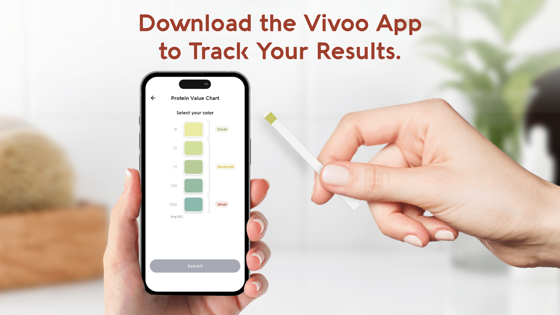 Person holding a smartphone with an app interface and a hand holding a test strip, with text promoting the Vivoo App.