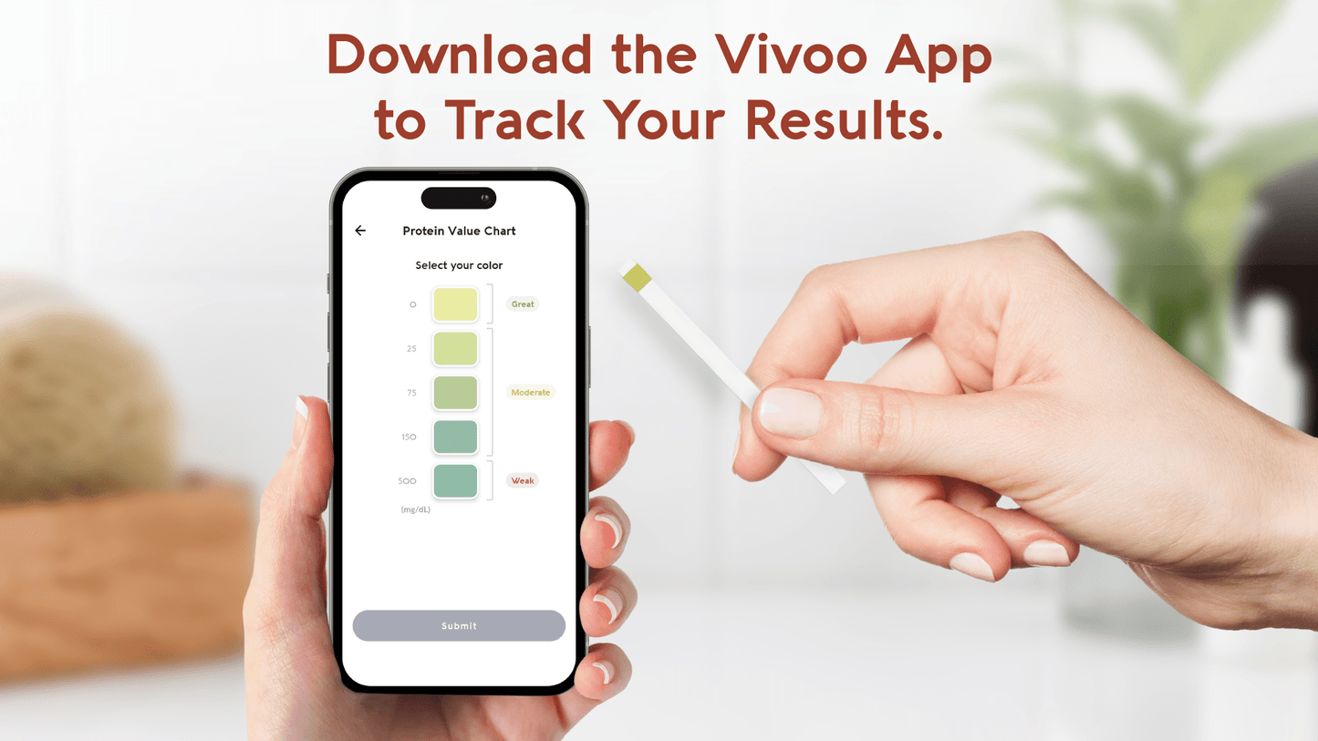Person holding a smartphone with an app interface and a hand holding a test strip, with text promoting the Vivoo App.