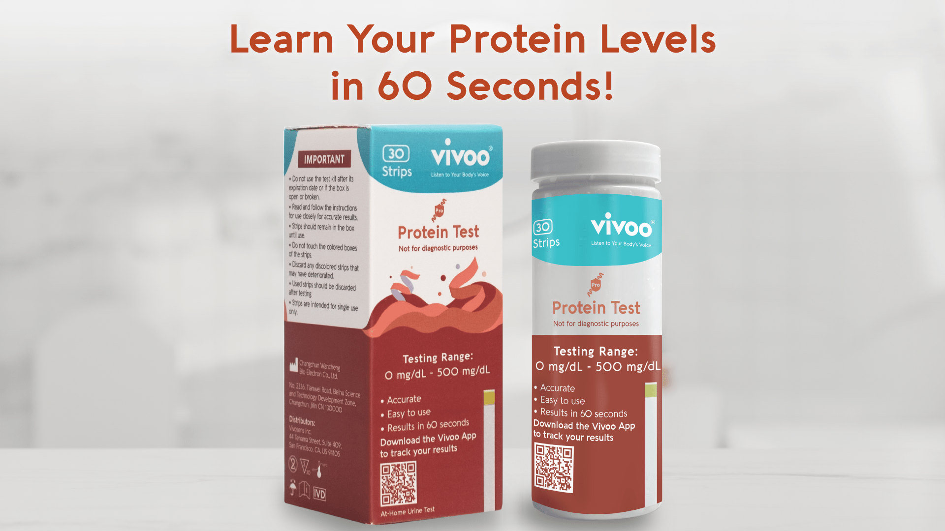 Vivoo protein test kit packaging on a light gray background
