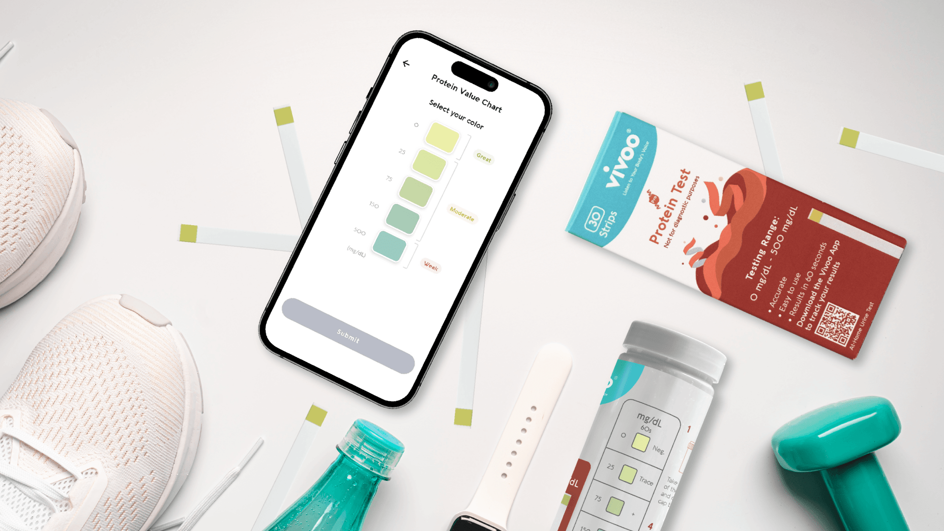 Smartphone displaying a fitness app with gym equipment and accessories on a white surface