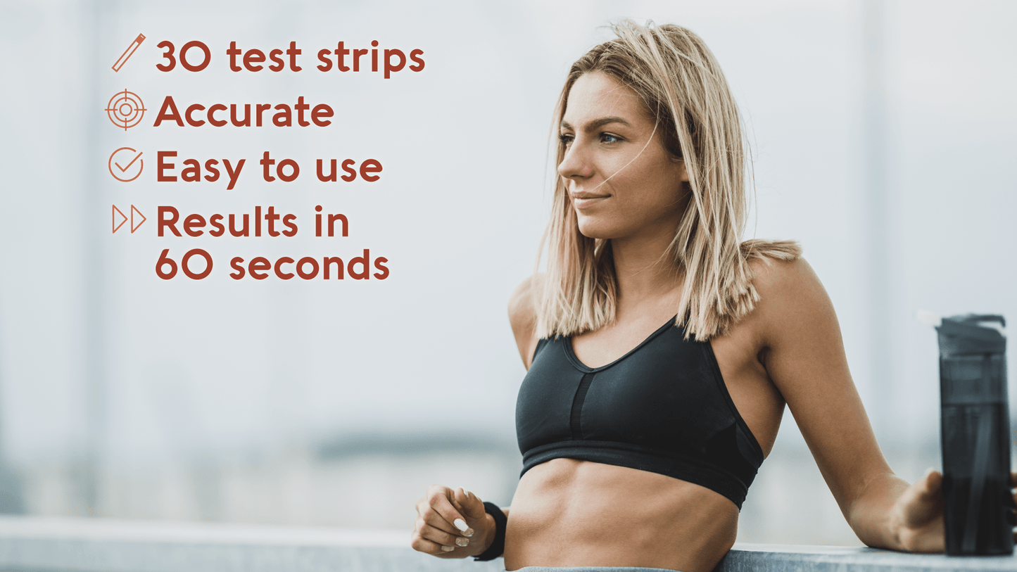 Woman in athletic wear holding a water bottle with text about test strips on a light background