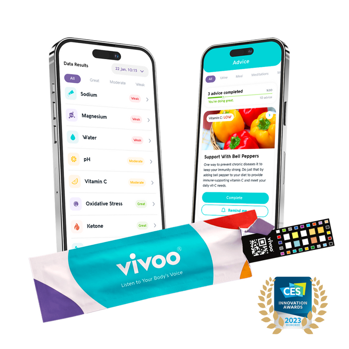 two iphone mock up image and one vivoo urine test