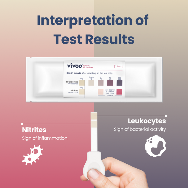 Vivoo test kit with a hand holding a test, showing interpretation of test results.