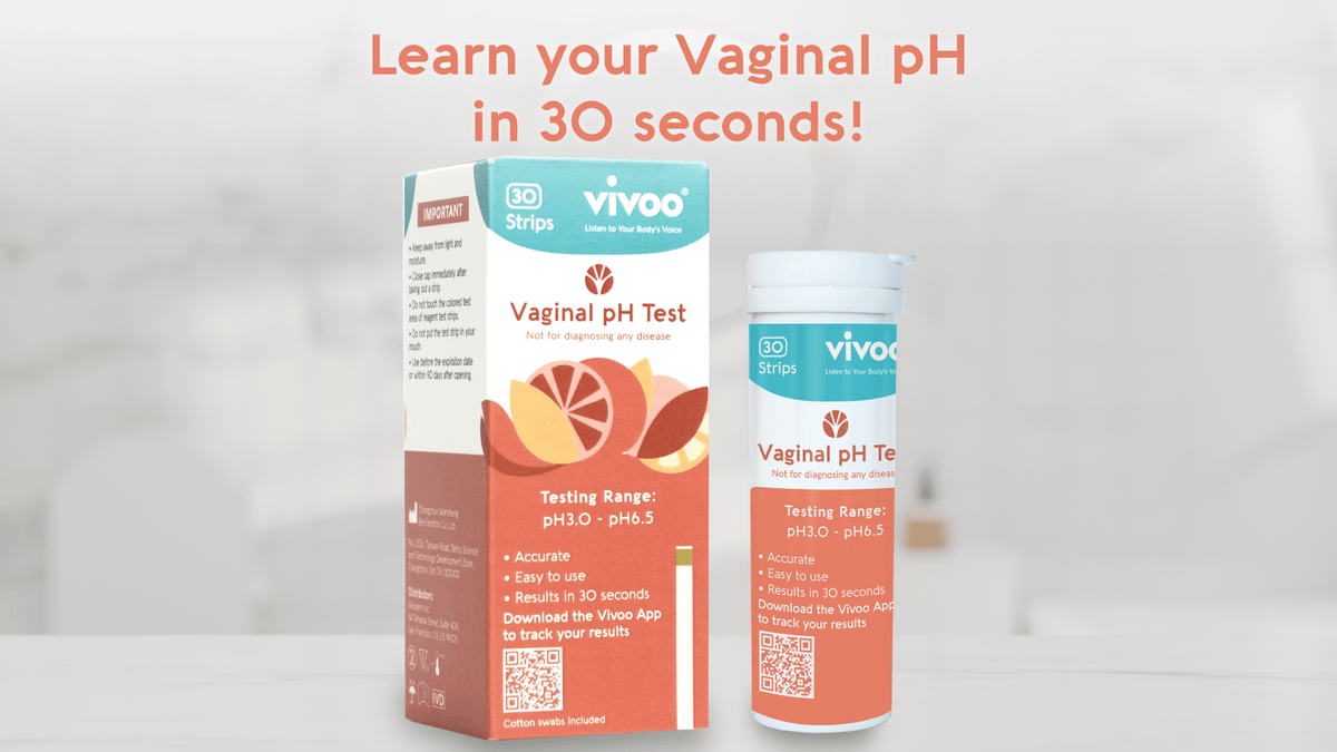 Packaging for Vivoo Vaginal pH Test, showing a box and bottle with text and colorful graphics.