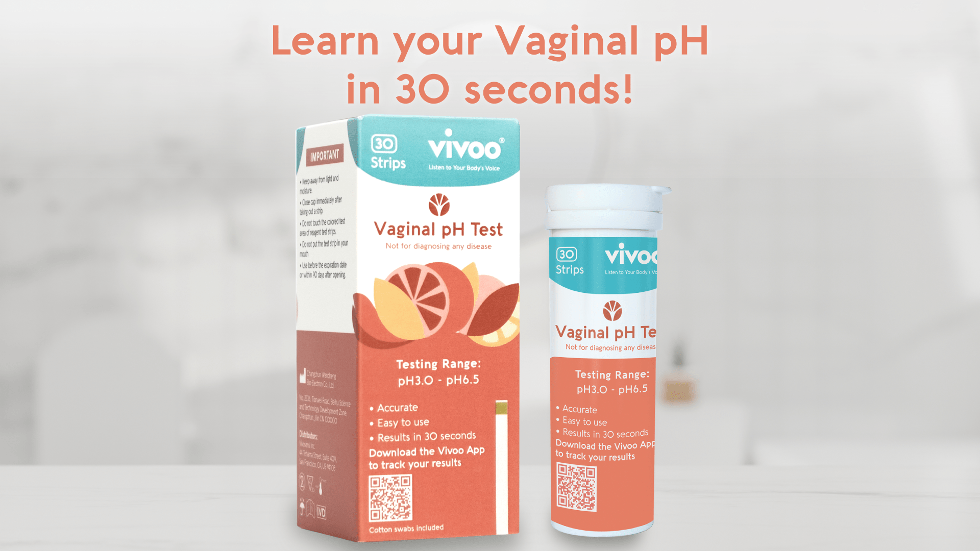 Packaging for Vivoo Vaginal pH Test, showing a box and bottle with text and colorful graphics.