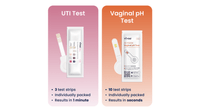 Two test strips for UTI and Vaginal pH tests on pink and orange cards with Vivoo logo.