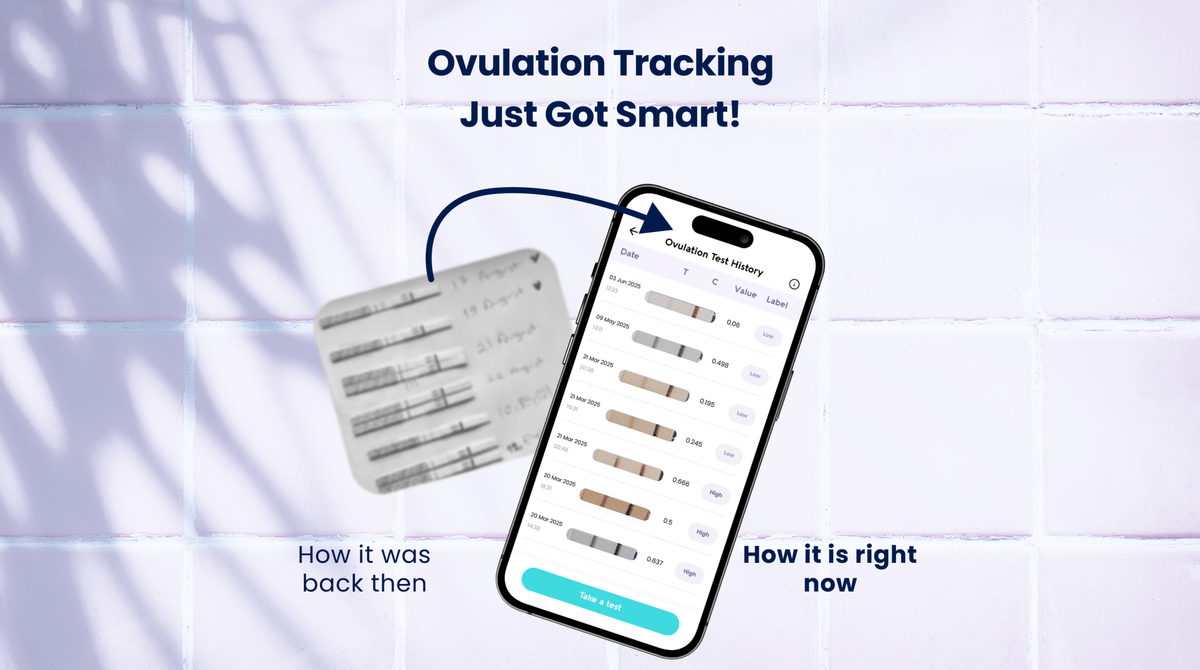 Vivoo app for ovulation tracking with lh test strips on a light background