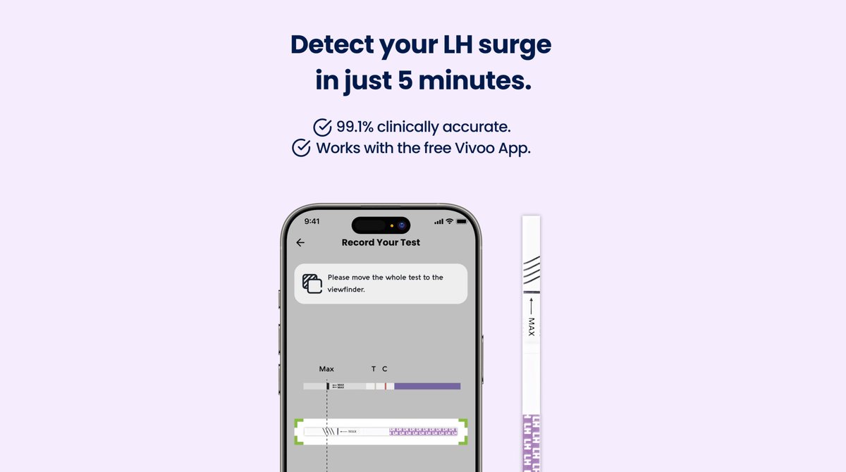Vivoo interface for detecting LH surge with a ovulation test on a light purple background