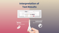 Vivoo uti test strip with interpretation of test results on a gradient background