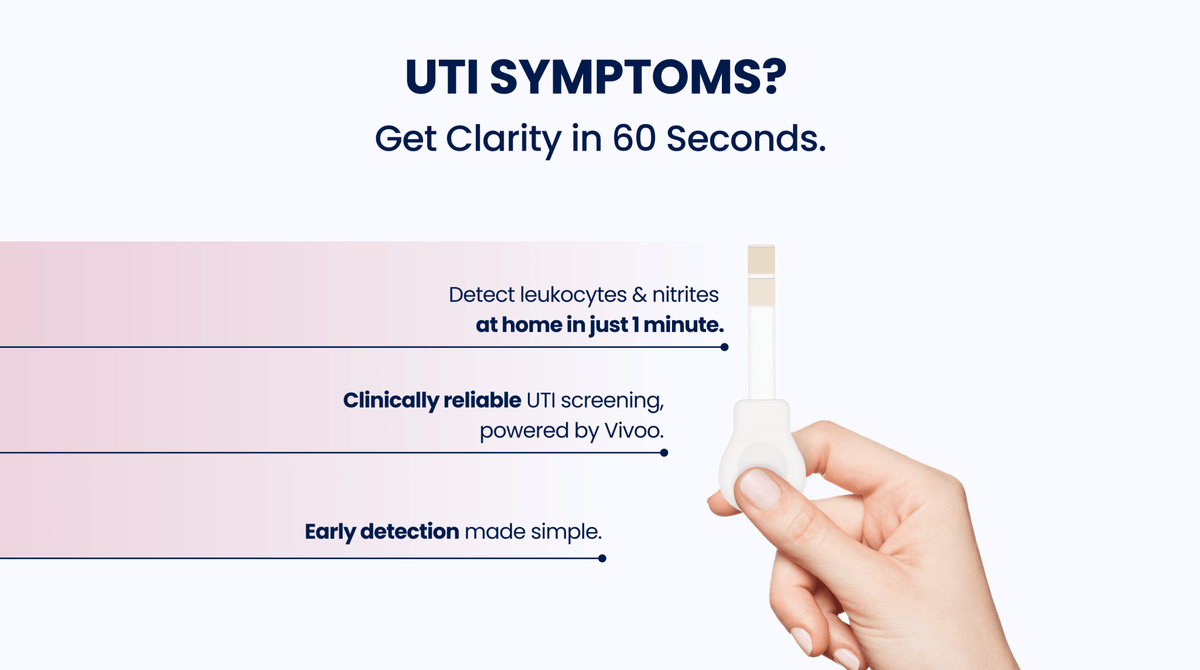 Hand holding a device with text about UTI symptoms and early detection on a white background