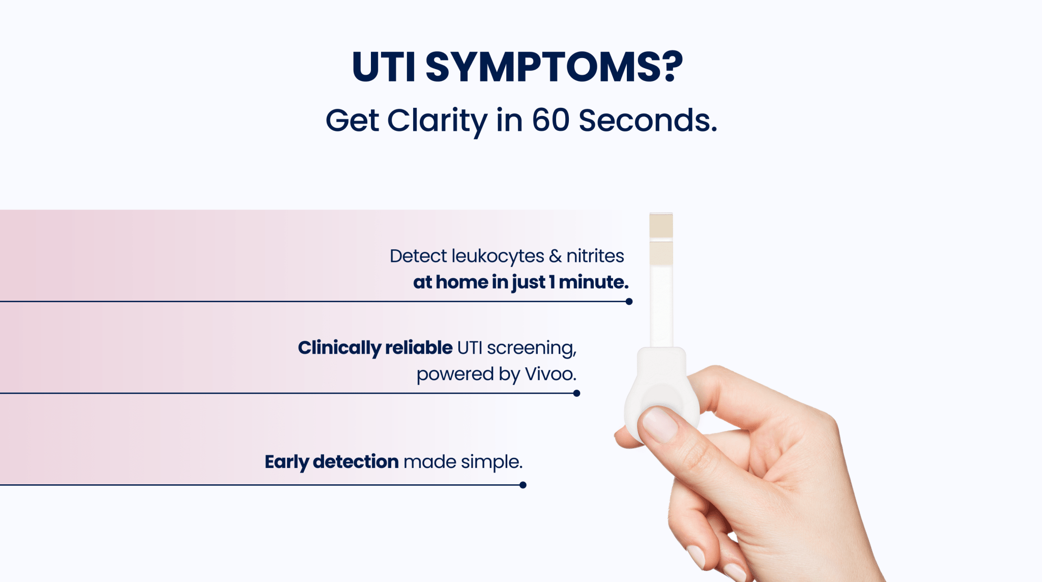 Hand holding a device with text about UTI symptoms and early detection on a white background