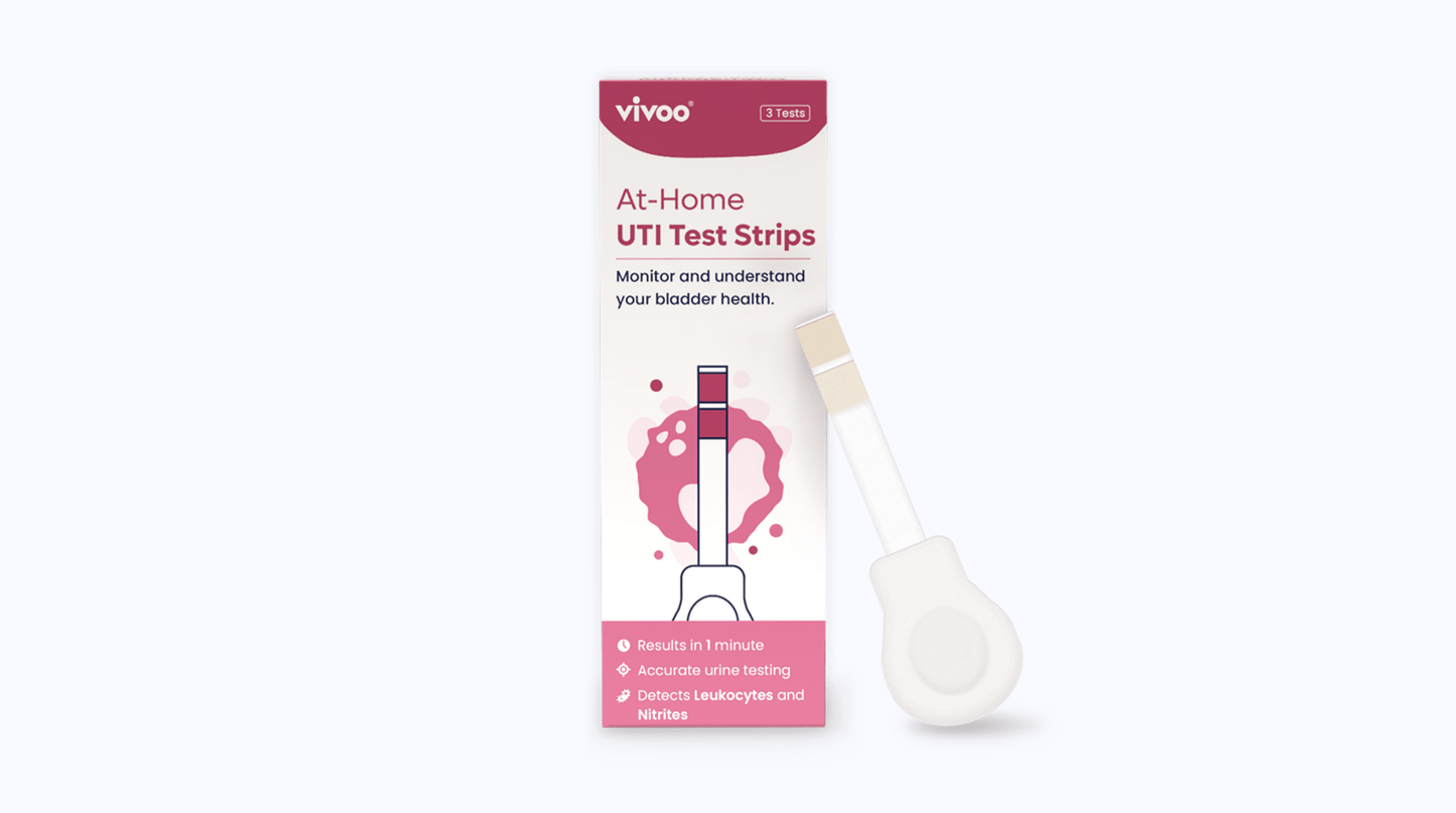 vivoo at-home UTI test strips packaging with a white applicator on a white background