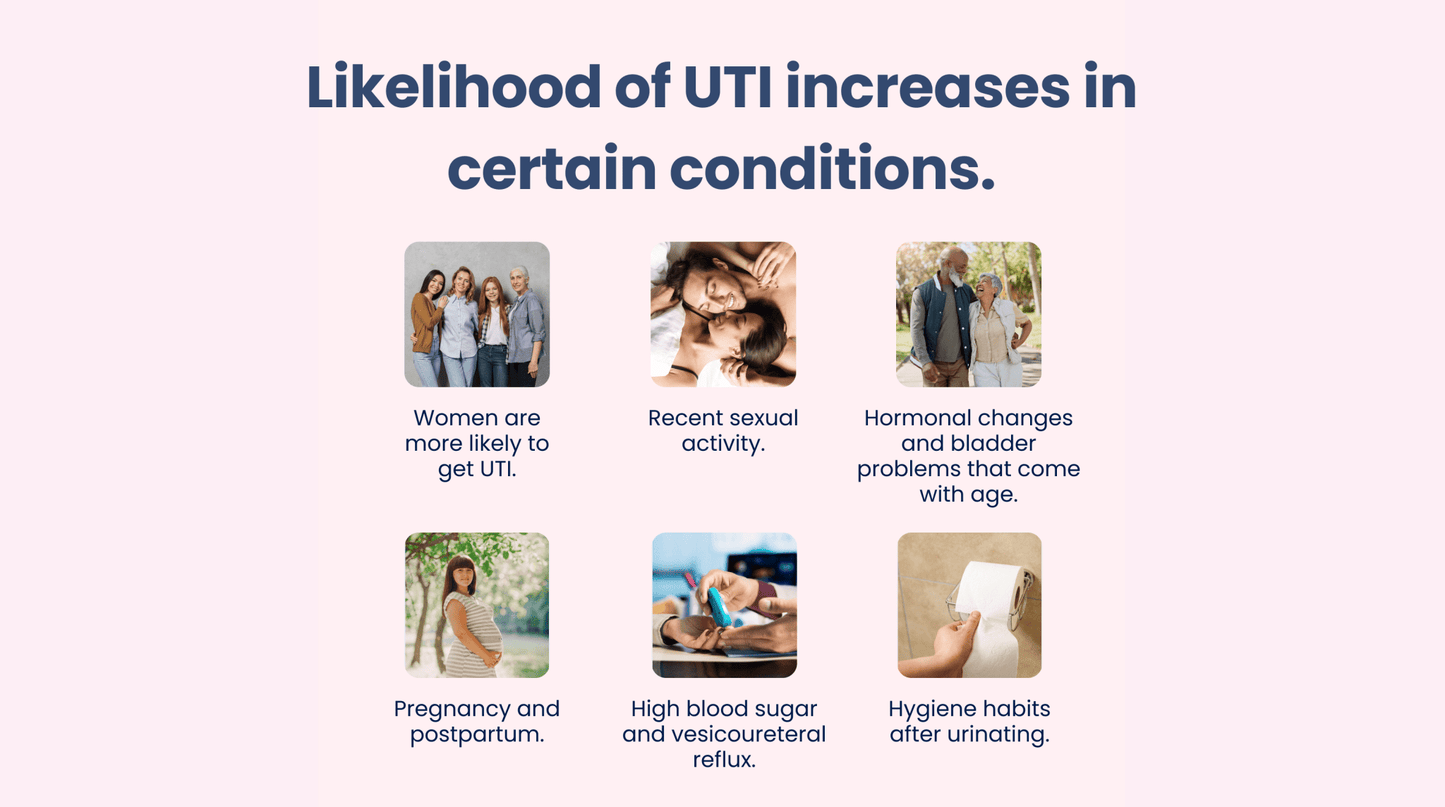 Informational graphic about the likelihood of UTI increases in certain conditions with icons and text.