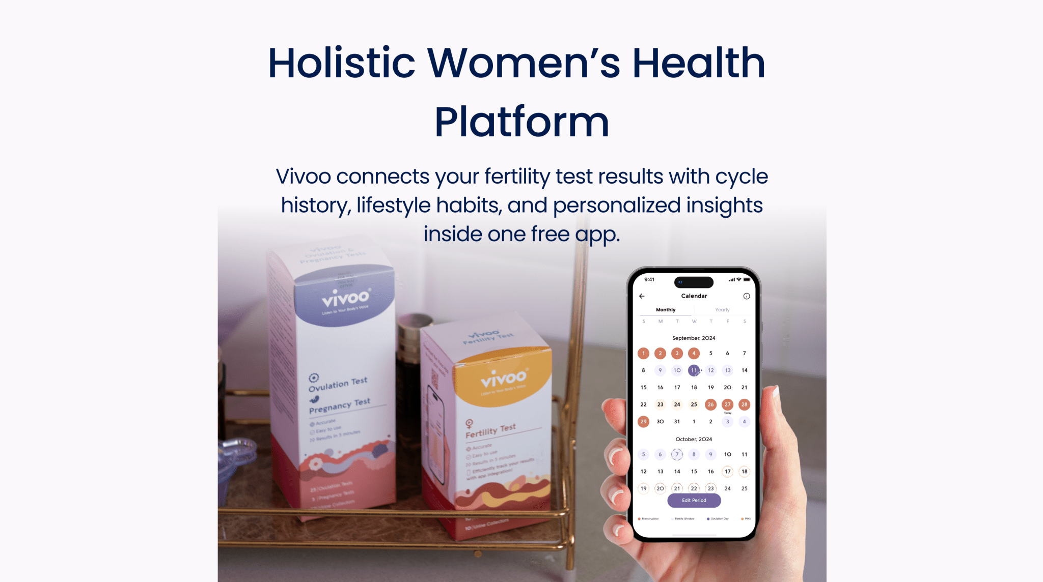 Vivoo fertility and ovulation tests and app on a white background