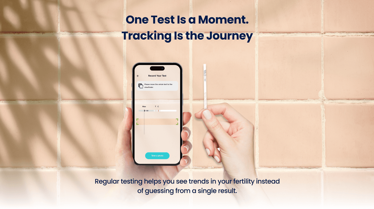 Hand holding a smartphone with Vivoo app and a test strip on a tiled background, with text about testing and tracking.