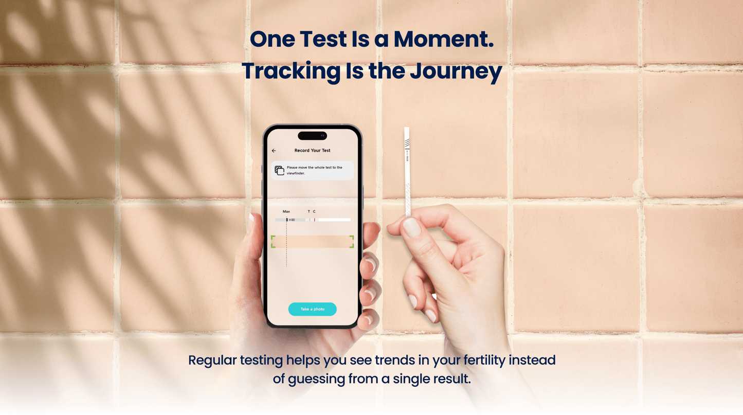 Hand holding a smartphone with Vivoo app and a test strip on a tiled background, with text about testing and tracking.