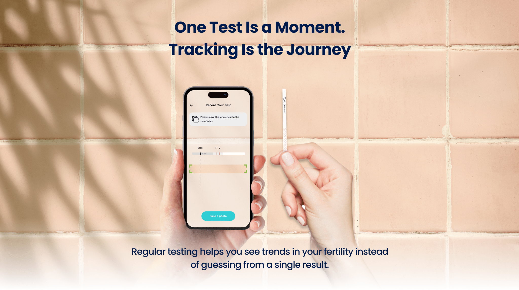 Hand holding a smartphone with Vivoo app and a test strip on a tiled background, with text about testing and tracking.