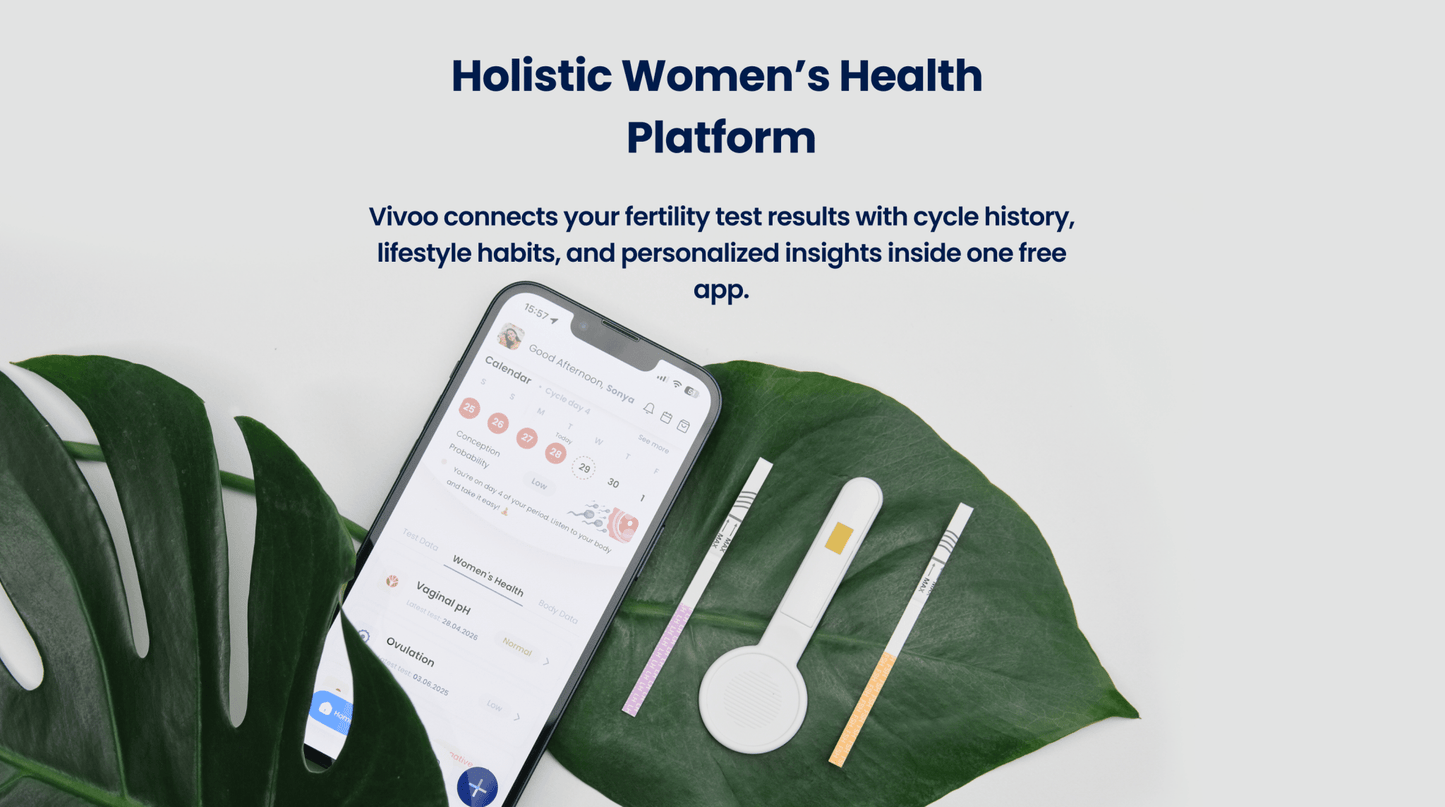 Smartphone displaying phone and womens health tests on a leaf with text about Vivoo app.