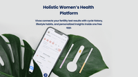 Smartphone displaying phone and womens health tests on a leaf with text about Vivoo app.