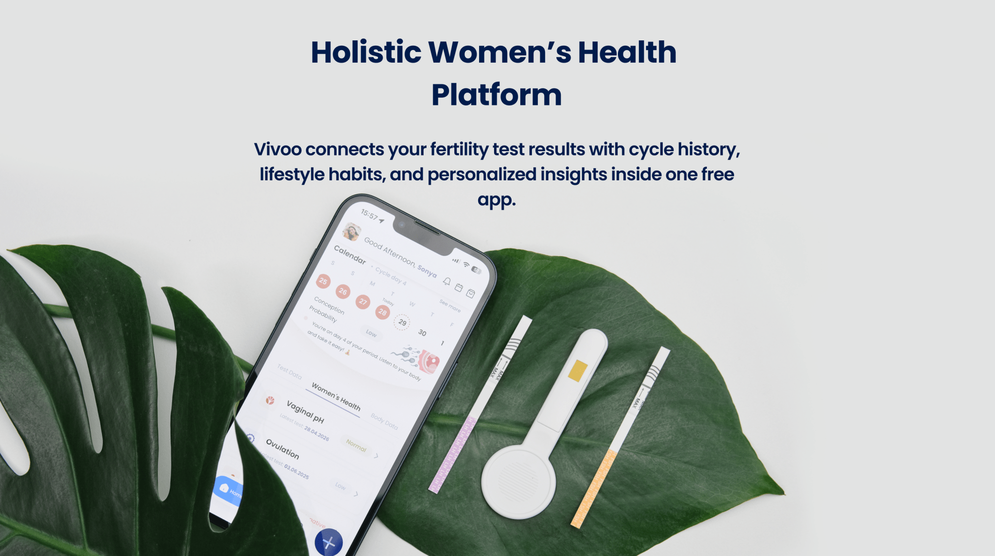 Smartphone displaying phone and womens health tests on a leaf with text about Vivoo app.