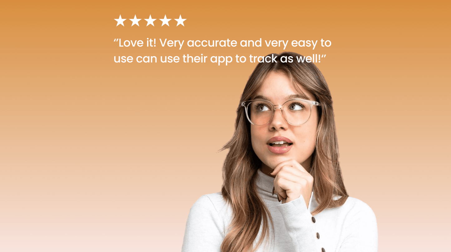 Woman with glasses with real user review on a yellow background