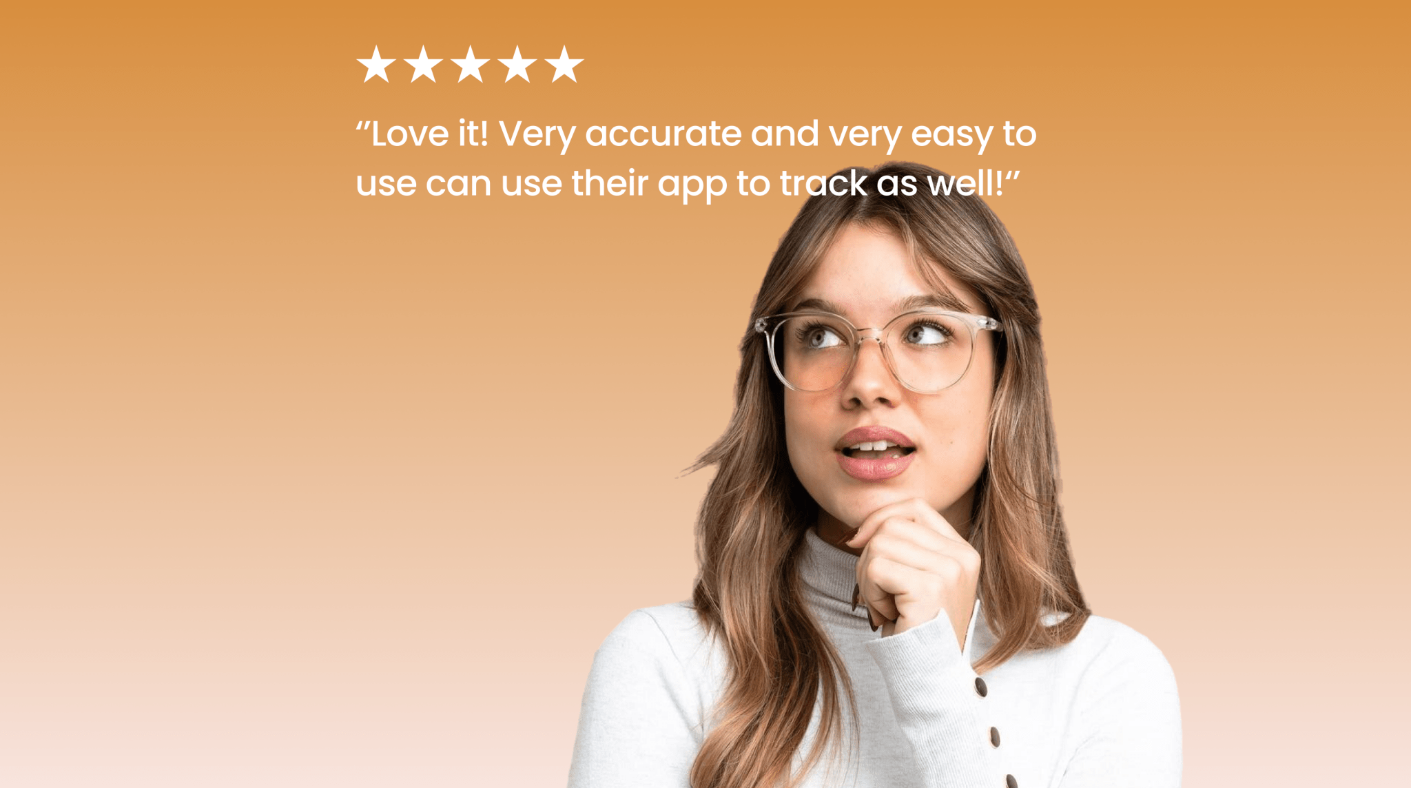 Woman with glasses with real user review on a yellow background