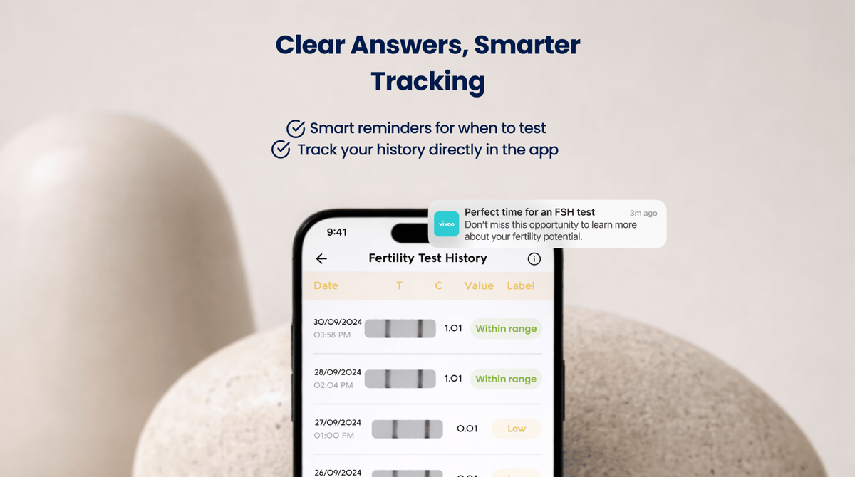 Smartphone displaying Vivoo App with text 'Clear Answers, Smarter Tracking' on a light background.