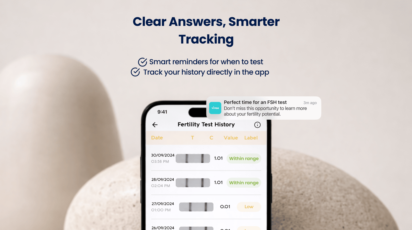 Smartphone displaying Vivoo App with text 'Clear Answers, Smarter Tracking' on a light background.