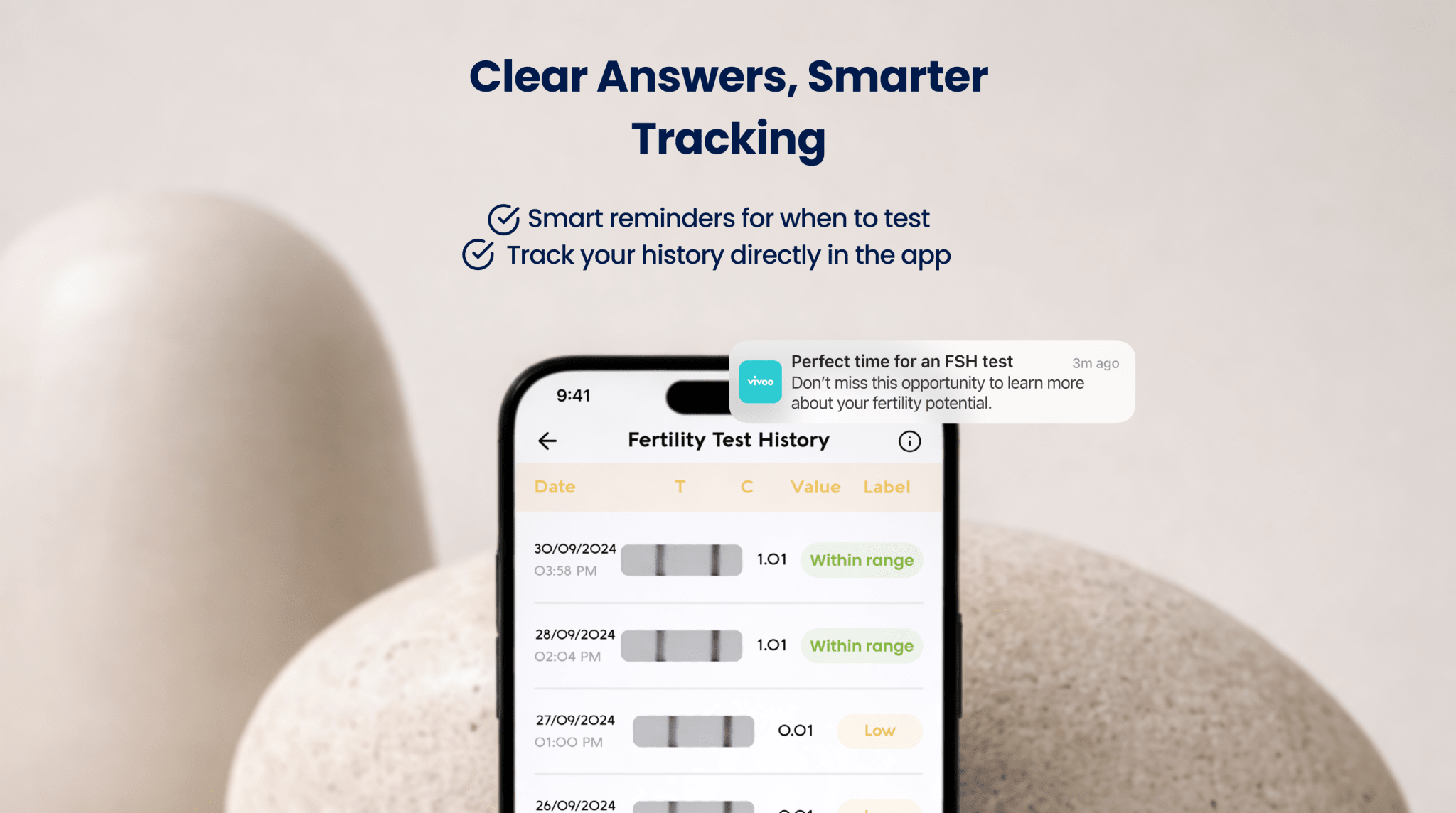Smartphone displaying Vivoo App with text 'Clear Answers, Smarter Tracking' on a light background.