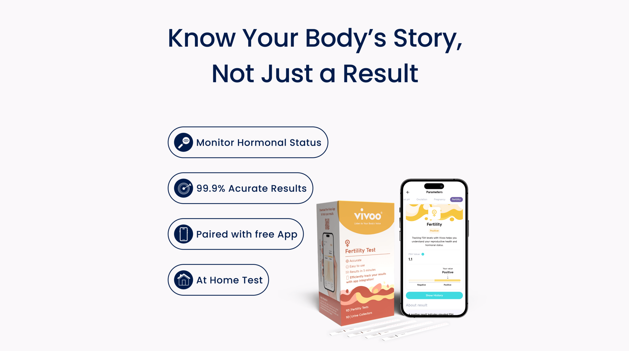 Vivoo at-home test kit with smartphone app on a white background