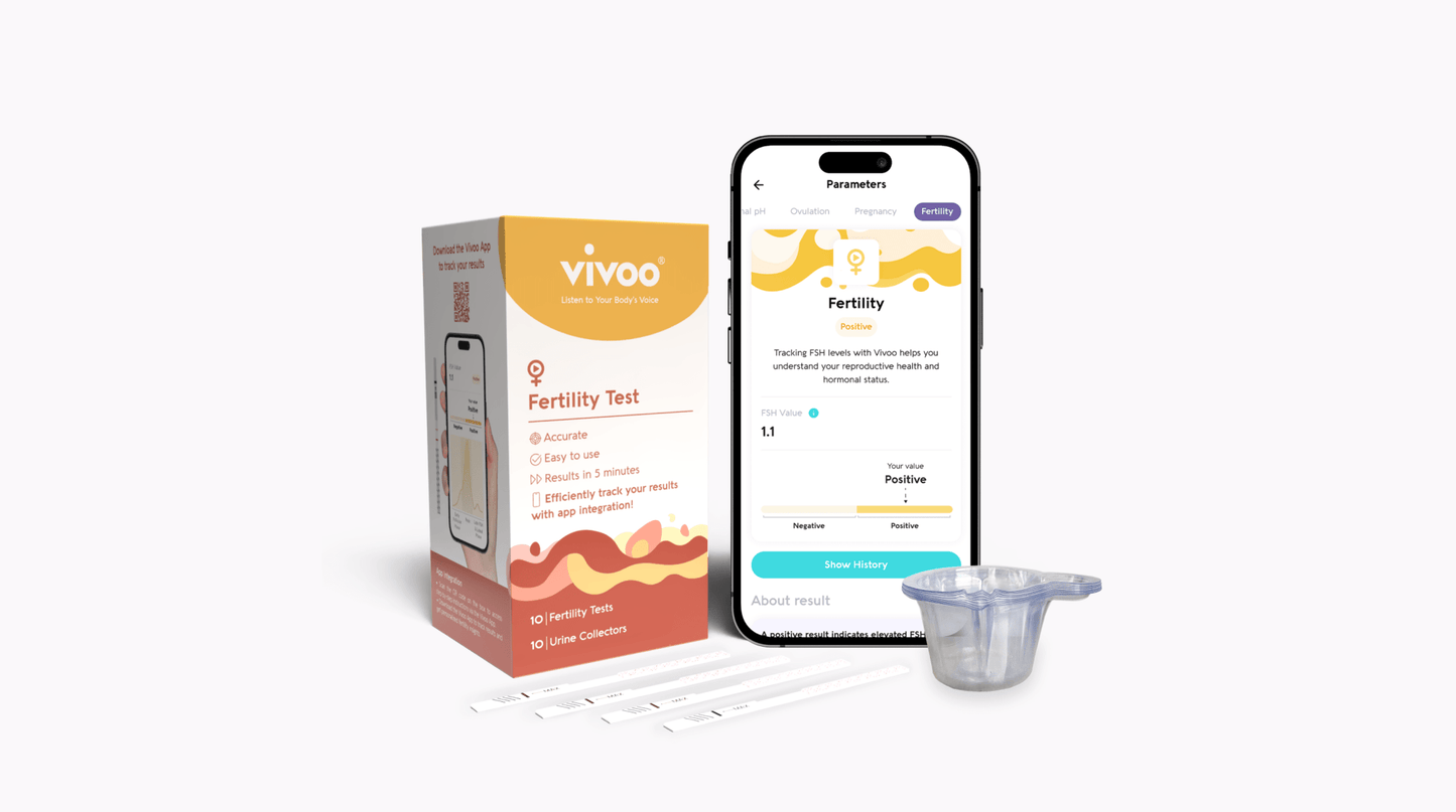 Vivoo fertility test with smartphone app on a white background