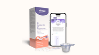Vivoo Ovulation & Pregnancy Test with packaging, test strip, and smartphone app on a white background