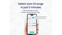 Hand holding a smartphone displaying an app with text about detecting an LH surge in 5 minutes.