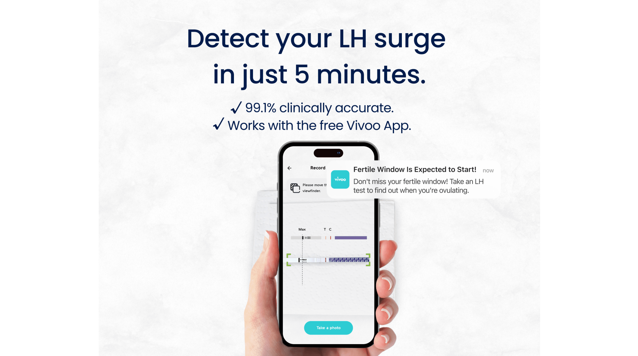 Hand holding a smartphone displaying an app with text about detecting an LH surge in 5 minutes.