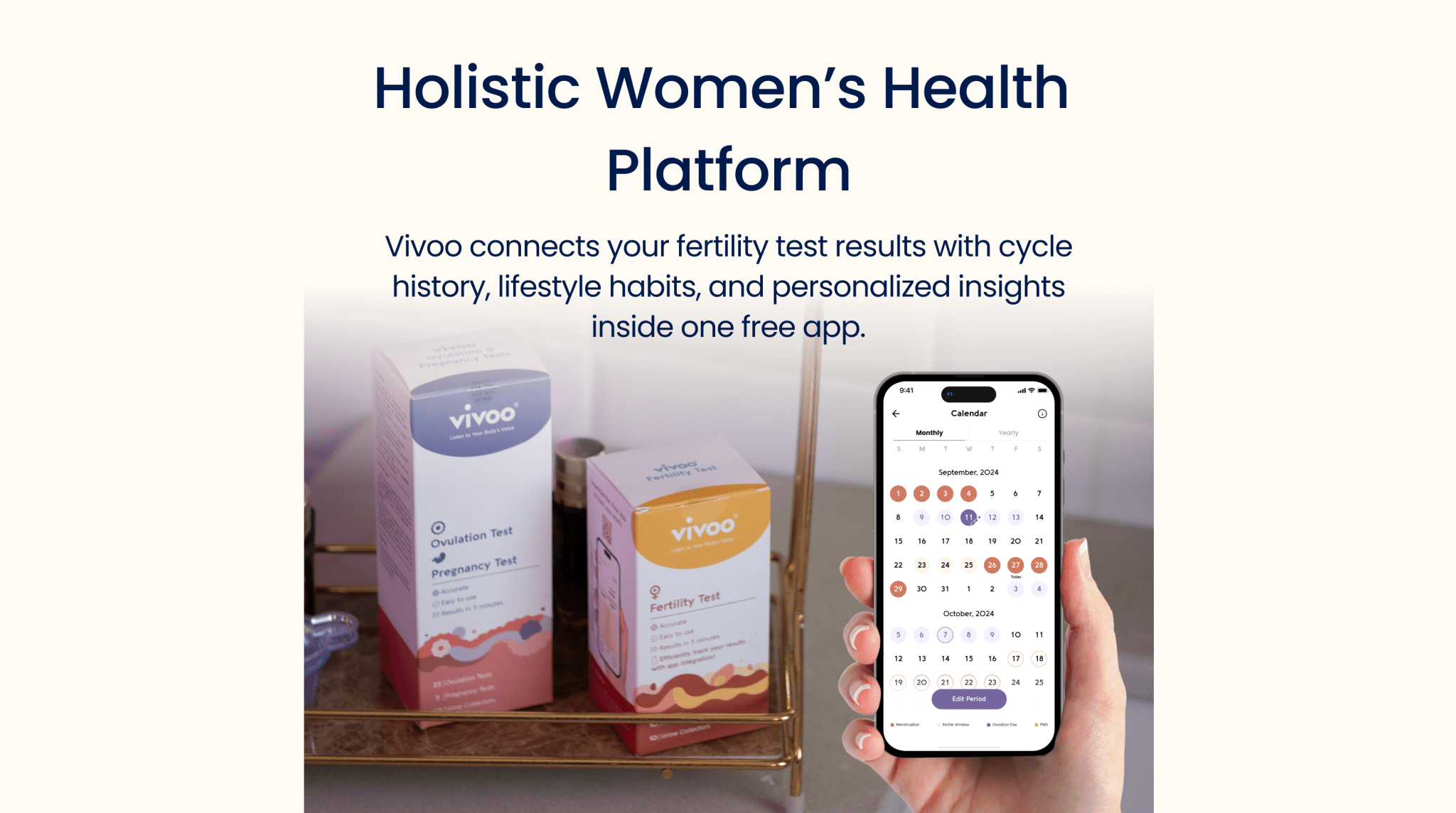 Vivoo fertility test kits and app on a white background