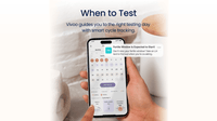 Person holding a smartphone displaying an app with text 'When to Test' and 'Vivoo guides you to the right testing day.'