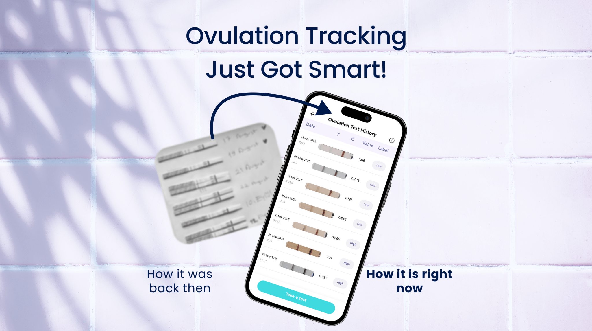 Smartphone app for ovulation tracking with text 'Ovulation Tracking Just Got Smart!' on a light background.