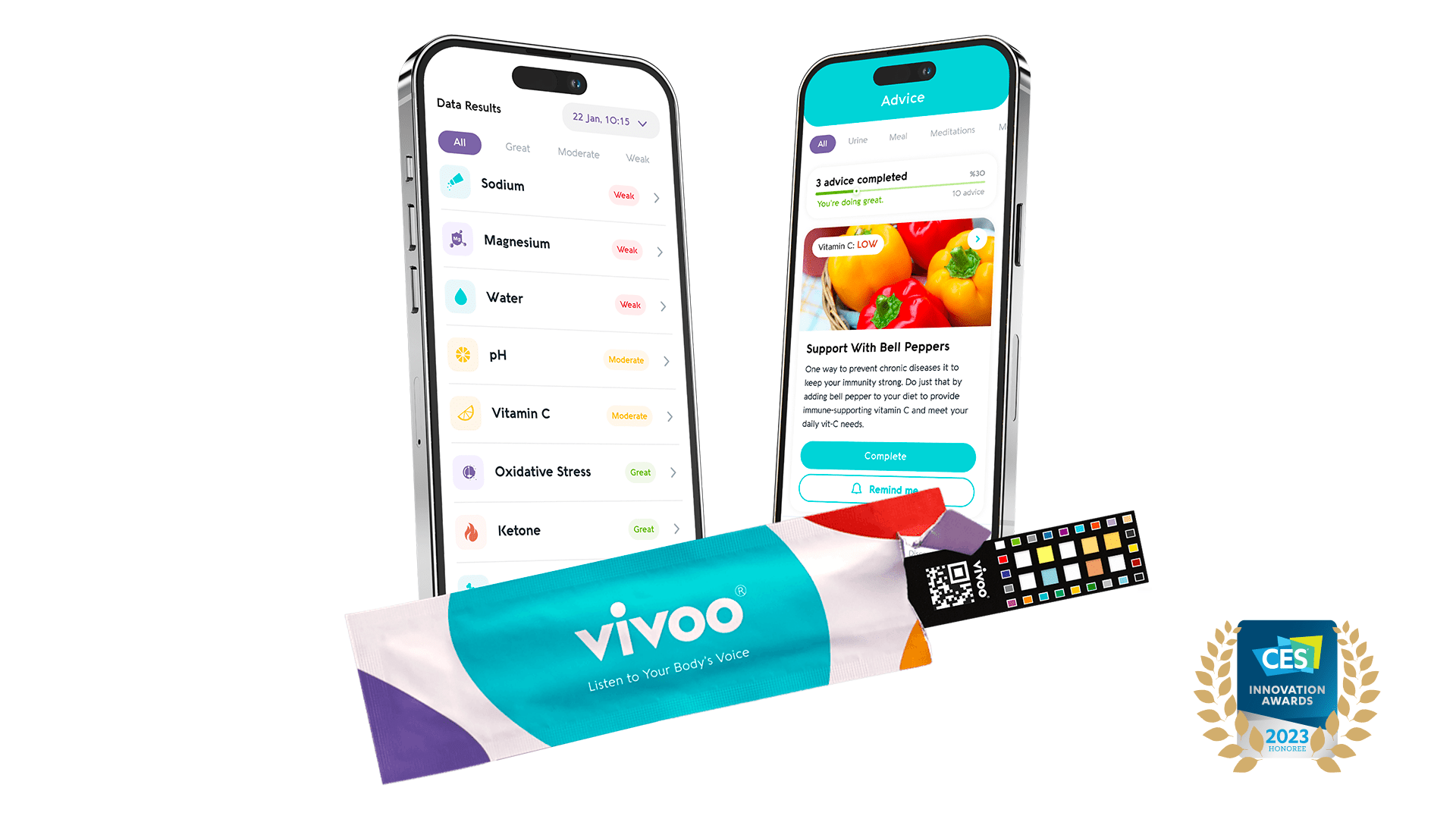 two iphone mock up image and one vivoo urine test