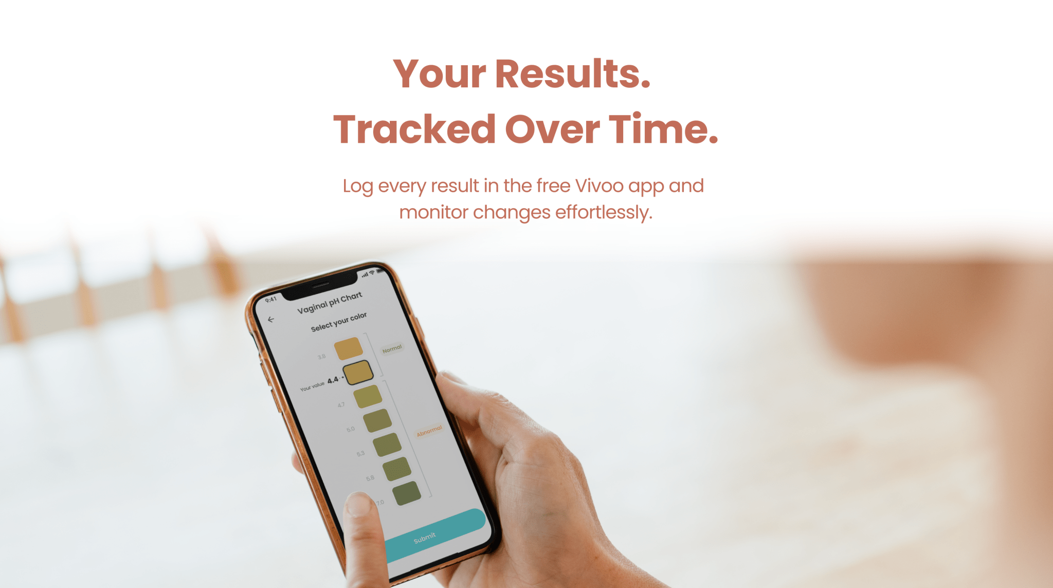 Person holding a smartphone with an app displaying results, with text about tracking over time.