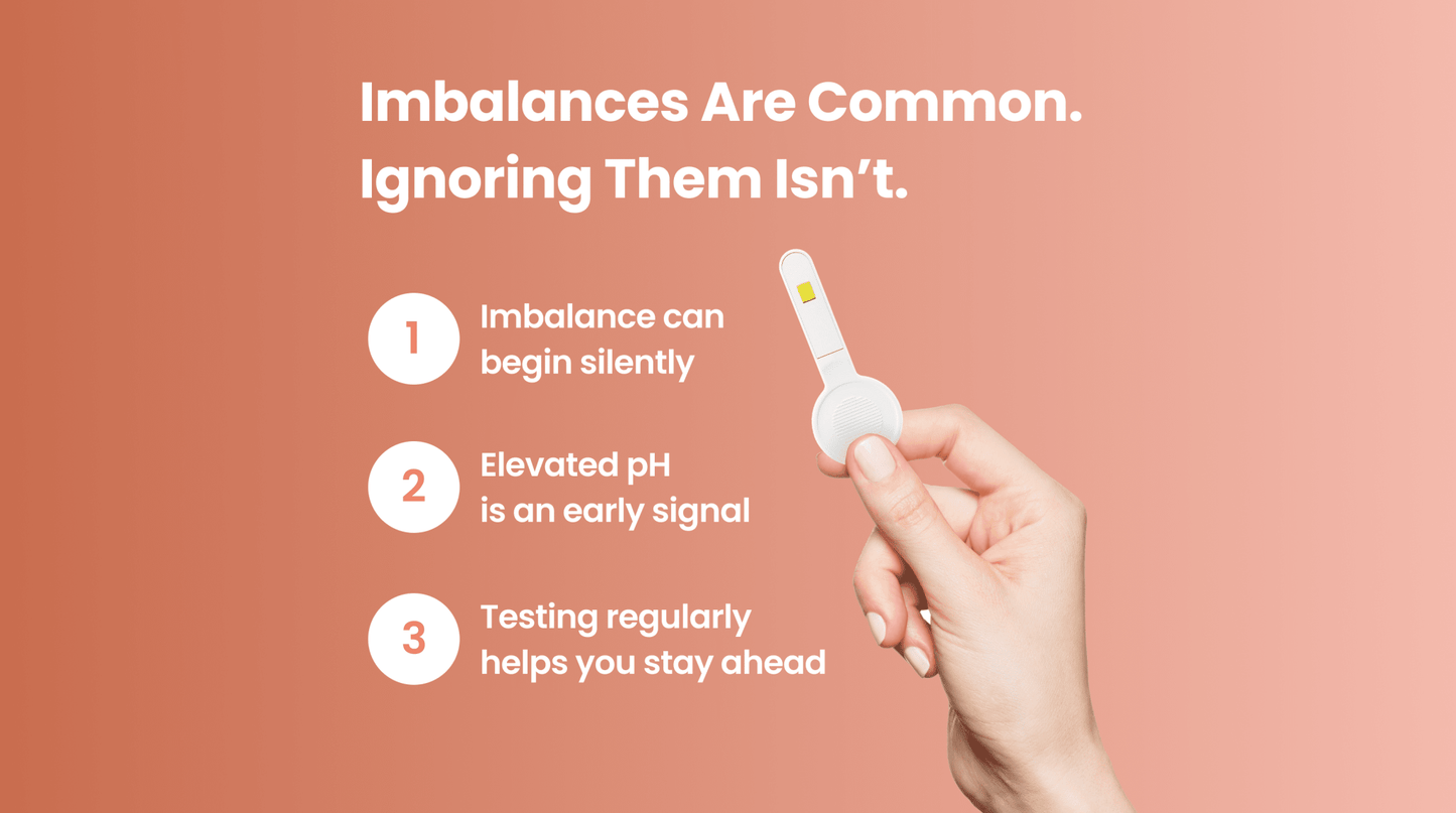 Hand holding a pH test strip with text about imbalances on a pink background