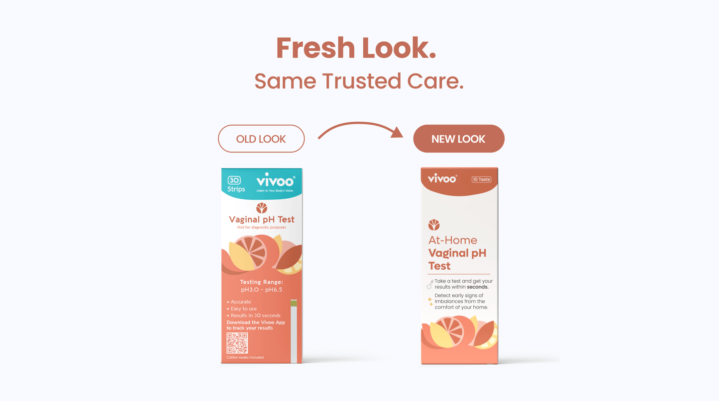Vivoo At-Home Vaginal pH Test packaging with 'Fresh Look. Same Trusted Care.' text on a white background.