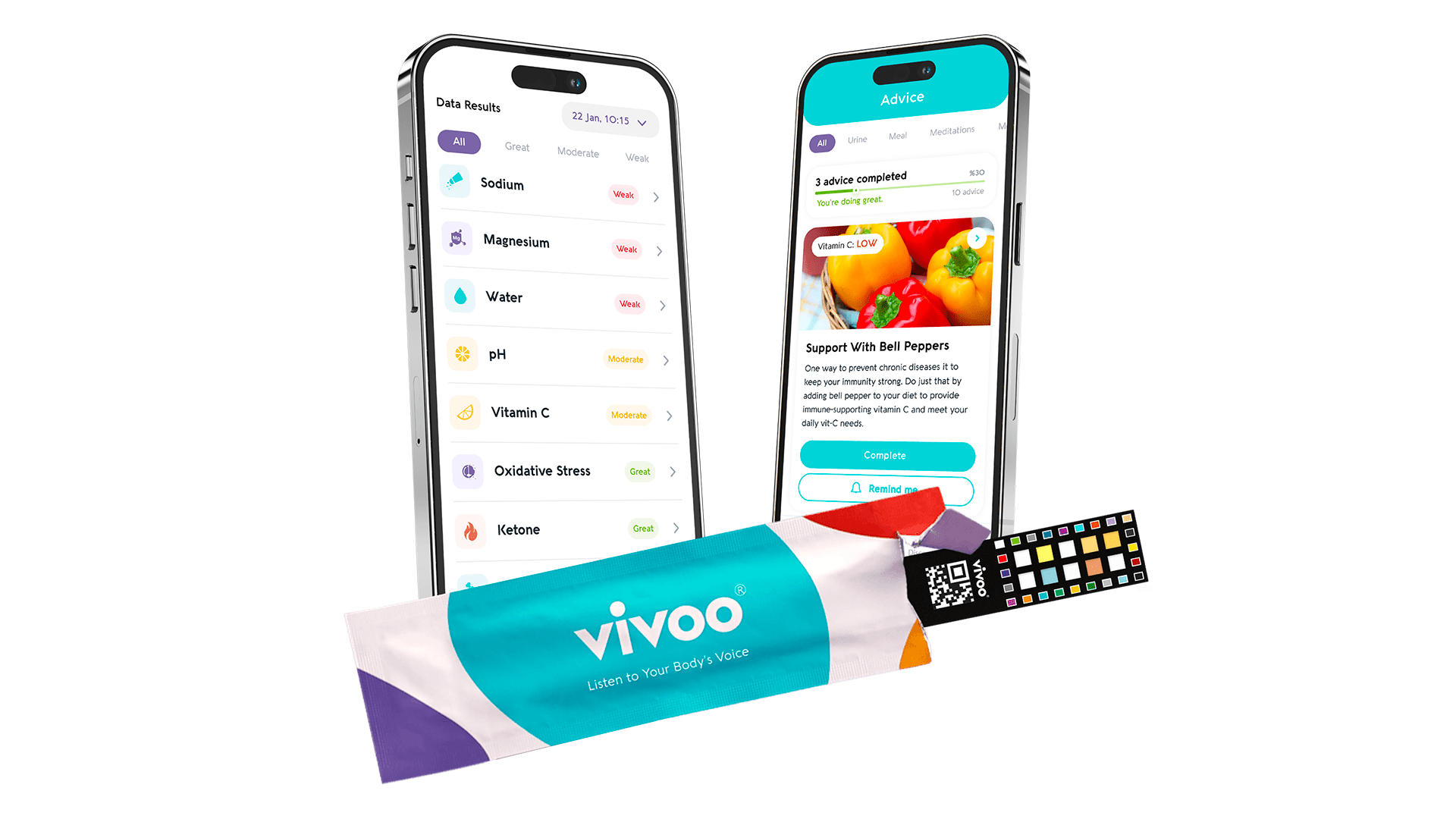 one vivoo urine test strip and two phone screen showing Vivoo app