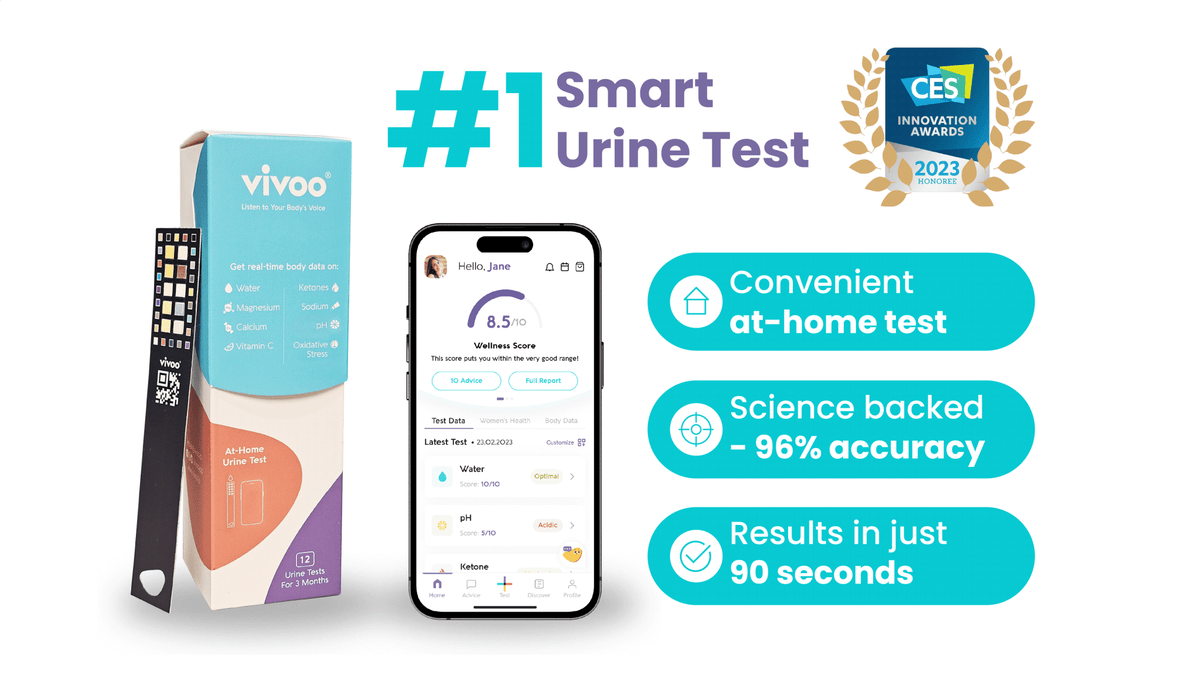 Vivoo smart urine test kit with smartphone app and CES 2023 award on a white background