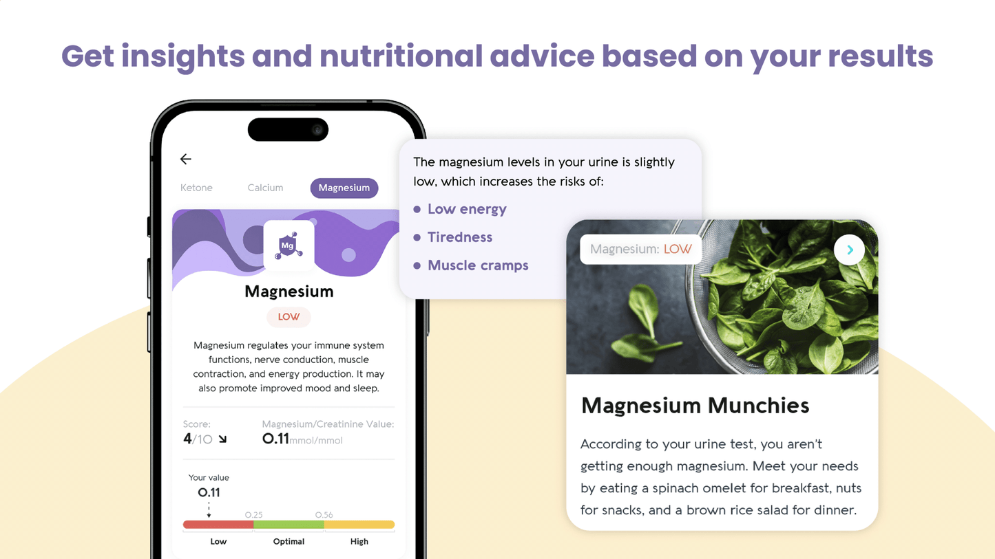 Phone screen displaying magnesium levels with nutritional advice on a white background