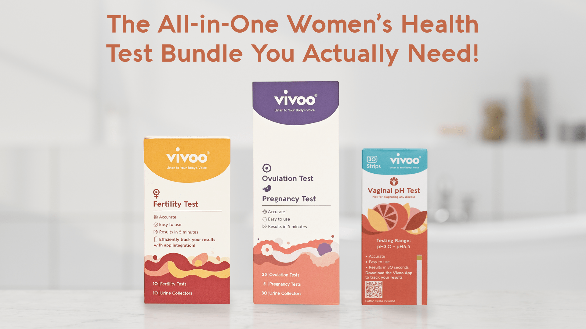 The image shows three product packages labeled as 'Vivoo' for Women's Health Tests, including Ovulation & Pregnancy Test, Fertility Test and vaginal pH test, displayed against a blurred background.