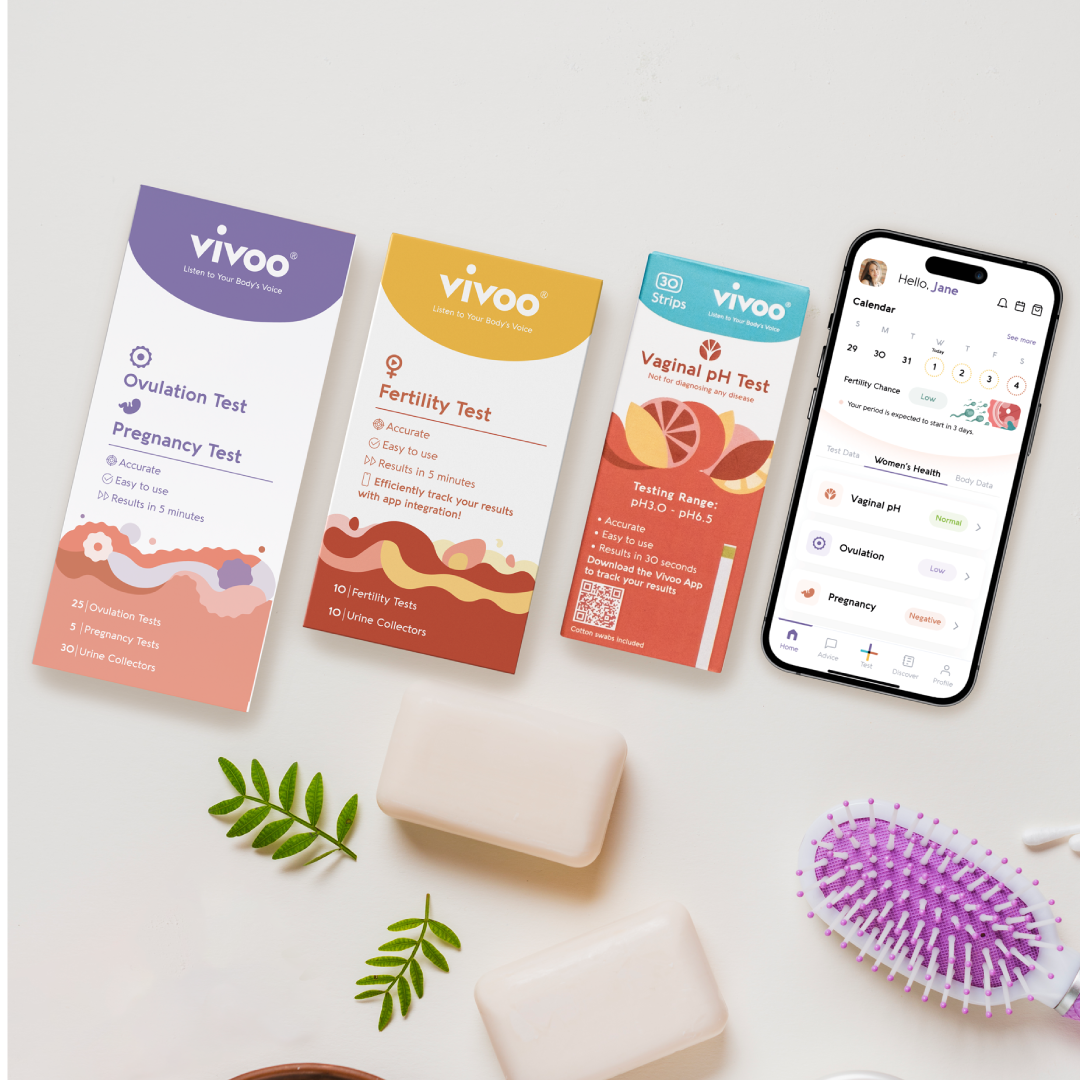 Vivoo test kits for ovulation, pregnancy, and vaginal pH displayed beside a mobile app interface.